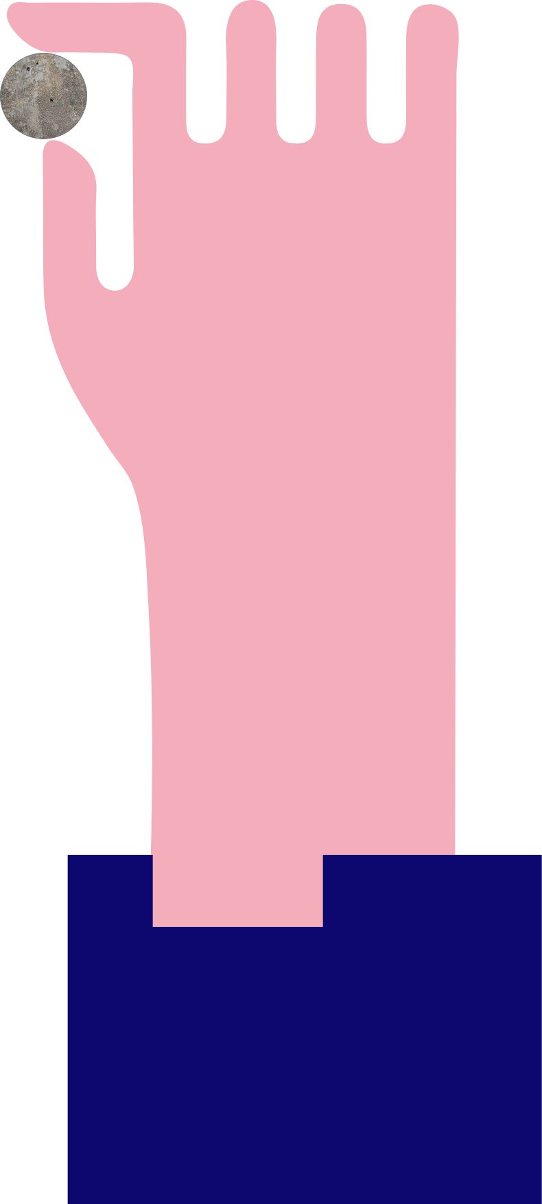 A graphic of a pink hand holding a balll between finger and thumb